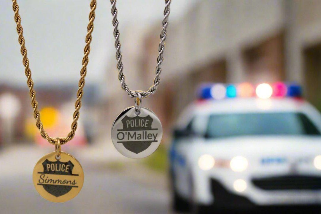 Personalized Police Badge Necklace: Engraved Name Pendant, Stainless Steel