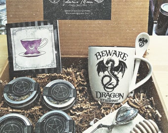 Witchy Tea Sampler & Beware Dragons Mug Gift Set Handcrafted with Love and Magick ~ Herbal Teas Root Witch Apothica  by Solaris Moon