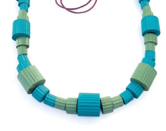 Colorful jewelry-Statement jewelry-Long bead necklace with chunky beads of corrugated paper in two shade of green-personalized womens