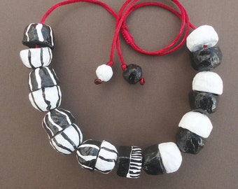 Large Black and white striped necklace Upcycled necklace Paper mache beaded necklace Unique necklace for women Contemporary necklace