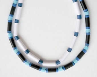 Simple Jewelry-Double necklace-paper bead necklace black blue and white-adjustable necklace-long necklace-for her-personalized women gift