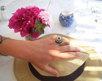 Paper ring - black & white chunky paper round ring with an adjustable metal base silver plated