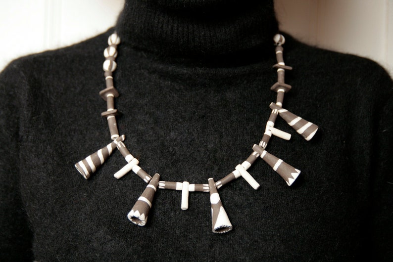 adjustable closure Tribal jewelry ooak ethnic rough ceramic necklace with cones in natural colors
