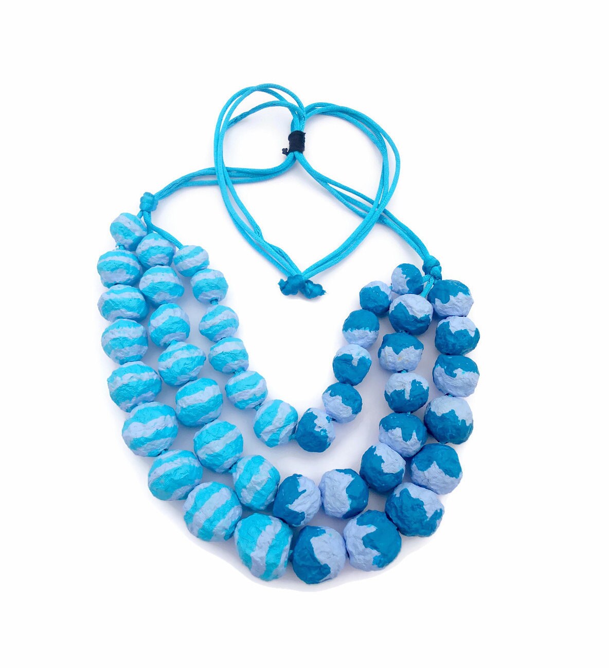 Upcycled Jewelry Natural Necklace With Blue Beads of Paper Mache Art