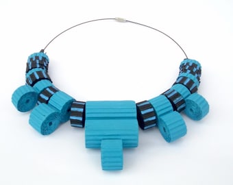 design jewelry-handmade necklace with black and blue corrugated cardboard beads-eco blue necklace-valentines gift-wife gift-girlfriend gift