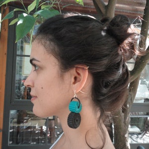 unusual jewelry-eco friendly earrings-light weight earrings-corrugated paper earrings black and light sea green-valentines girlfriend gift