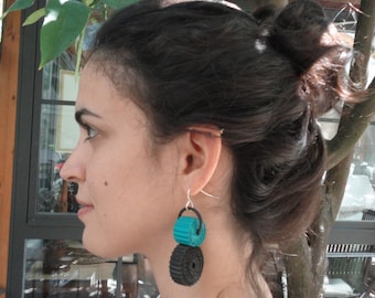 unusual jewelry-eco friendly earrings-light weight earrings-corrugated paper earrings black and light sea green-valentines girlfriend gift