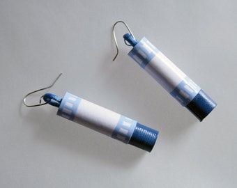 White and blue cardstock earrings decorated with light blue acrylic