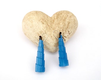 Playful blue eco earrings of corrugated cardboard cone shaped