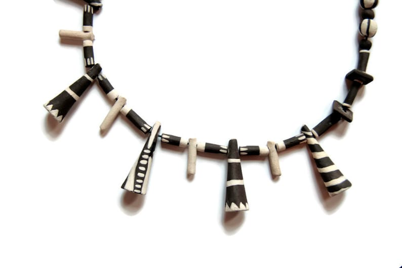 adjustable closure Tribal jewelry ooak ethnic rough ceramic necklace with cones in natural colors