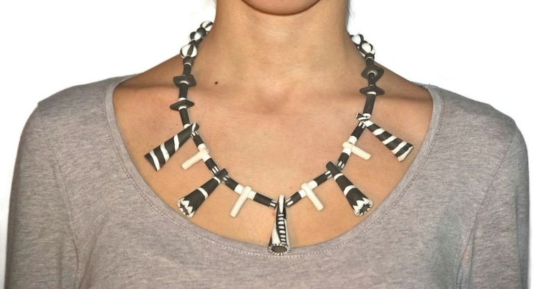 adjustable closure Tribal jewelry ooak ethnic rough ceramic necklace with cones in natural colors