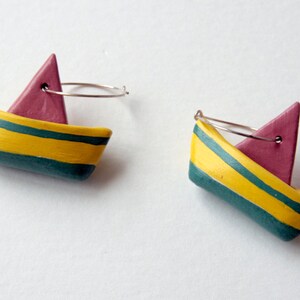 Nautical jewelry - sea earrings sailing boat shaped yellow and green with sterling silver hoop - Sea Jewelry