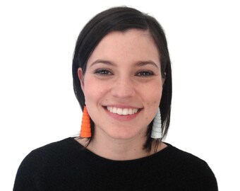 Upcycled jewelry - asymmetrical chunky but super light earrings made out of paper orange and grey - 3 different sizes