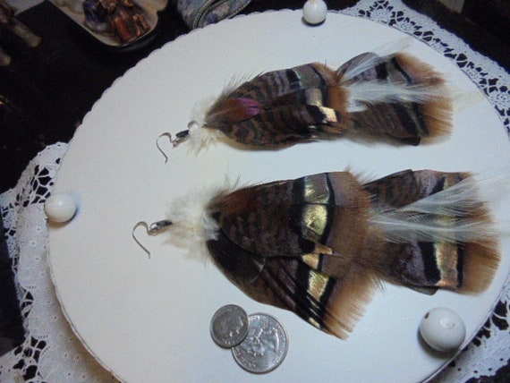 Sterling Silver Huge  Real  Feather Native drop d… - image 3