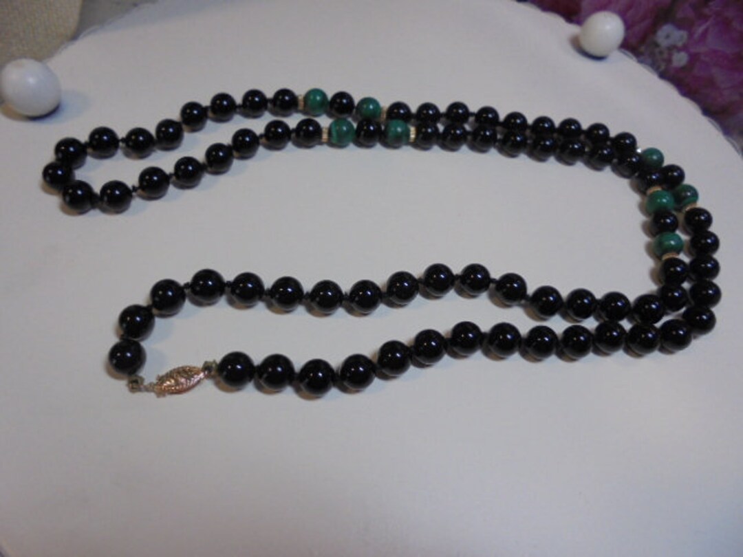 14 KT Long Onyx Malachite Gemstone Beaded Hand Crafted