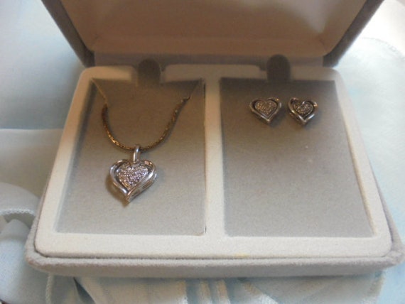 Sterling Silver Diamond Heart Pendant Chain Necklace Earring Set