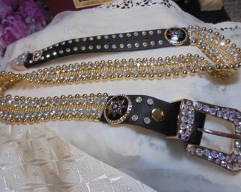 Christine Alexander Swarovski Crystal /Black Leather  Belt  /  SZ  Med 39
