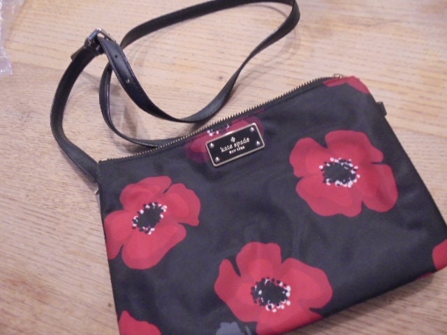 Kate Spade New York Black Red Flower Crossbody Handbag 