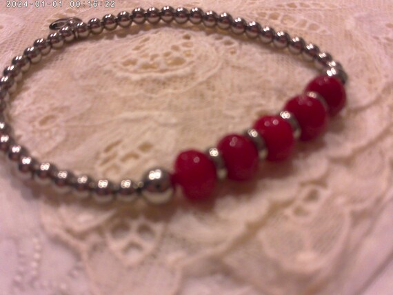 Silver Beaded  "Rustic Cuff"   Designer     Red /… - image 2
