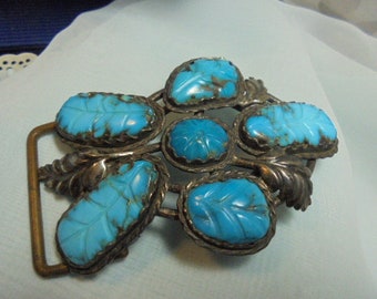Sterling Silver  Turquoise carved leaves flower  Handcrafted  Native   Belt Buckle