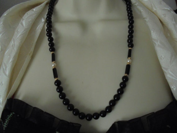 14 KT  Onyx / Pearl  Beaded Necklace  23 in. - image 1