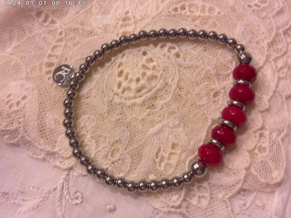 Silver Beaded  "Rustic Cuff"   Designer     Red /… - image 1