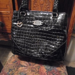 Brighton Black leather with a croc-embossed w/silver-tone and gold-tone hardware Brighton Black Pebbled Leather Croc Embossed Studded  main image 2