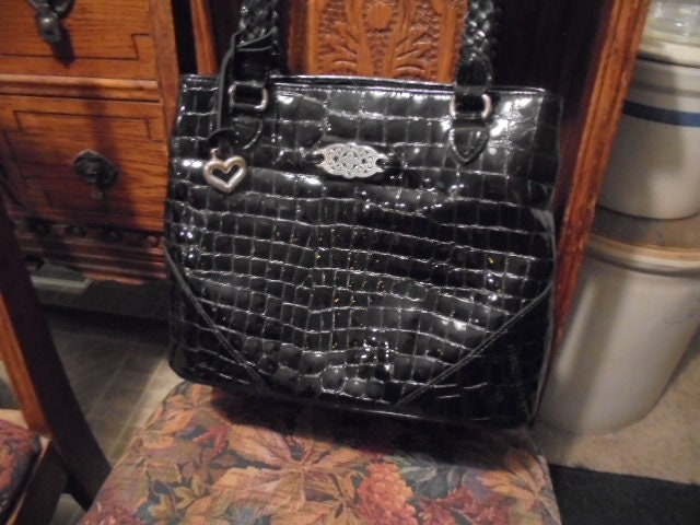 Brighton women’s vintage embossed calf skin black croc 2” wide sz small 32.5” Brighton Croc Embossed Leather Woven Mini Box Bag Black Chic  main image 4