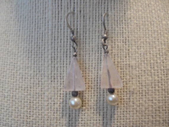 Sterling Silver  Rose Quarts Pearl Drop Dangle Ho… - image 2