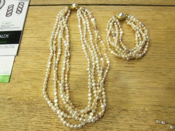 Petite  coin Pearl Necklace / Bracelet Set  5 str… - image 3