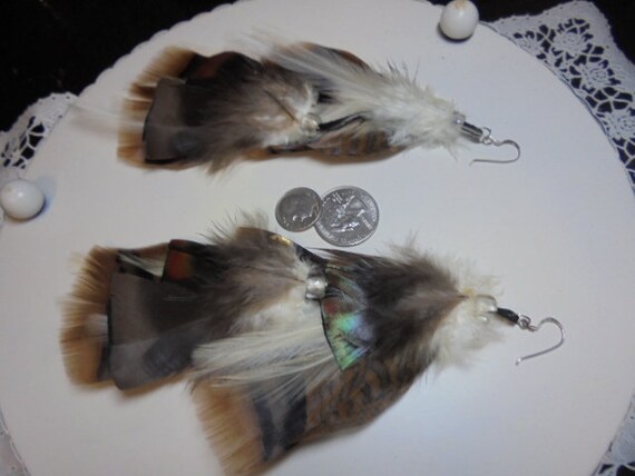 Sterling Silver Huge  Real  Feather Native drop d… - image 5