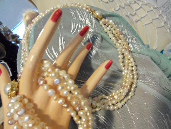 Petite  coin Pearl Necklace / Bracelet Set  5 str… - image 1
