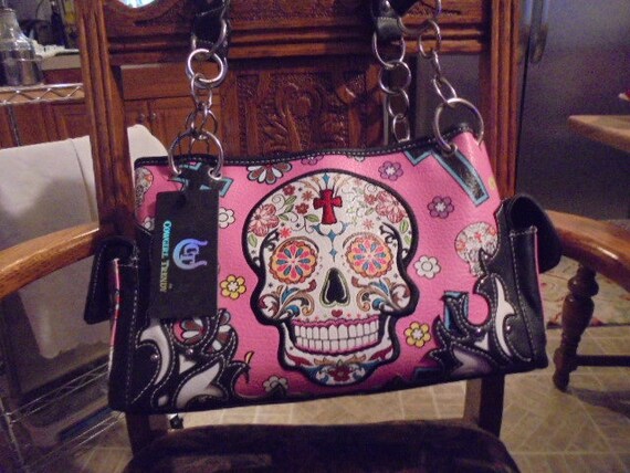 Cowgirl Trend Pink Multi Color Skull Leather Handbag Shoulder Bag Etsy
