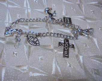 Sterling Silver Charm cross fish bible dog kitten  Bracelet 7 in.