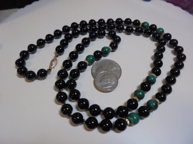 14 KT Long Onyx Malachite Gemstone Beaded Hand Crafted