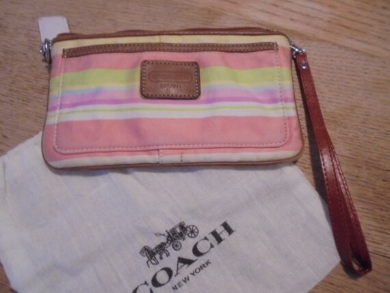 Coach Striped Pink Green Yellow Canvas Brown Leather Wristlet