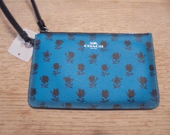 Coach Turquoise Black  flowers  Vinyl Wristlet