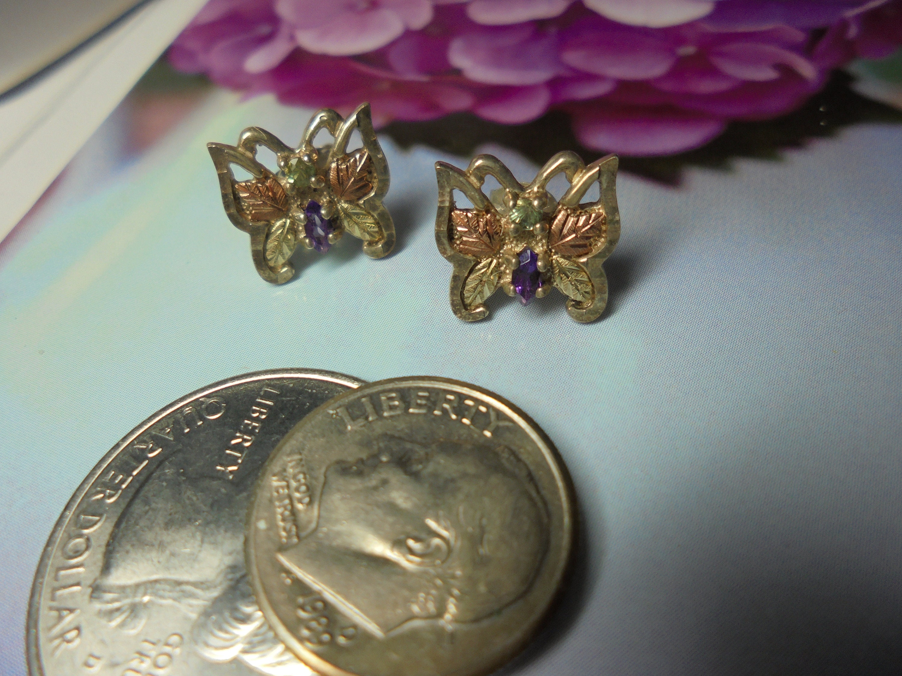 / Sterling Silver  Gemstone Butterfly  post Earrings Black Hill's 12 KT