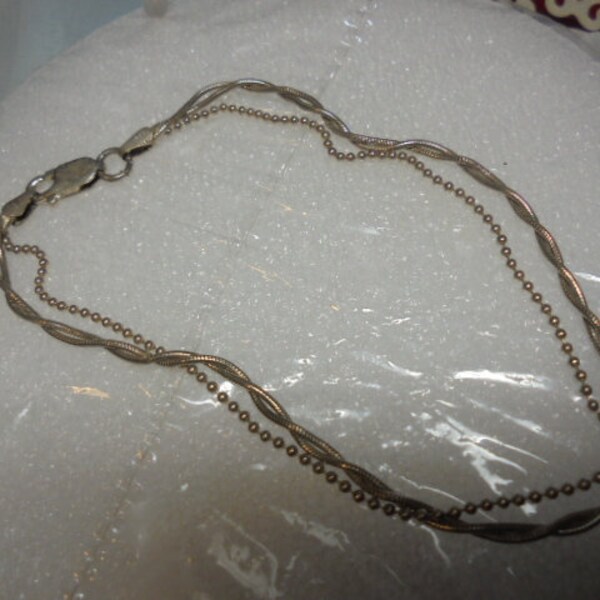 Sterling Silver Twisted Snake/Beaded Chain Ankle Bracelet  9 1/2 in