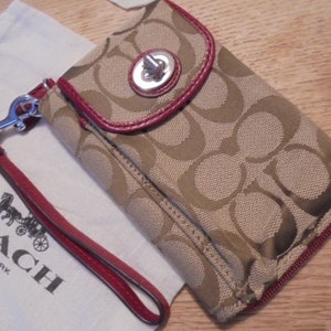 Coach Brown Cream Canvas Red Leather Wallet Wristlet Purse Etsy