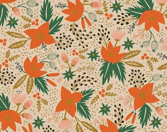 Rifle Paper Co. for Cotton and Steel, Canvas Fabric, RP602-CR3UCM Holiday Classics - Poinsettia - Natural Unbleached Canvas Metallic, BTY