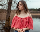 Wide sleeve off the shoulder summer crop top in salmon pink
