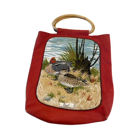 Vintage Tote Bag Wooden Handles Quilted Teal Duck Waterfowl Canvas Bag