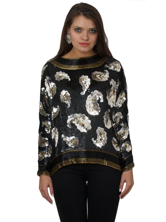 Holiday 80s Beaded Sequin Top / Batwing Blouse