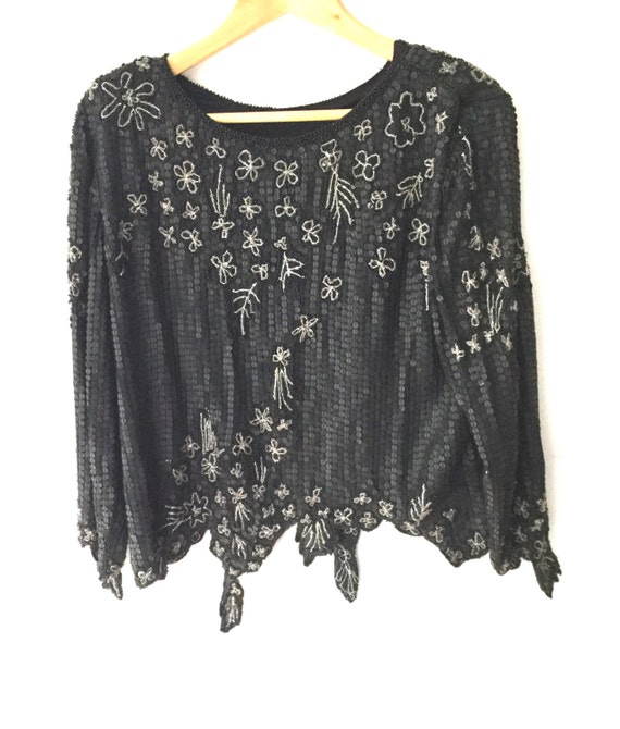 80s Holiday Matte Sequin Fringe Blouse / 80s Beade