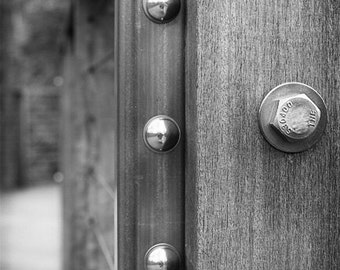 Abstract Photography - 8x12 Fine Art Photograph, Industrial Photo, Industrial Art, Rivets and Wood, Bolts, Metal and Wood, Black and White