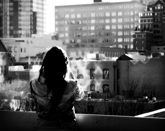 Black and White Photography - Downtown Girl - 8x10 Landscape and Architecture Photography, City, Portrait  Photography, Buildings