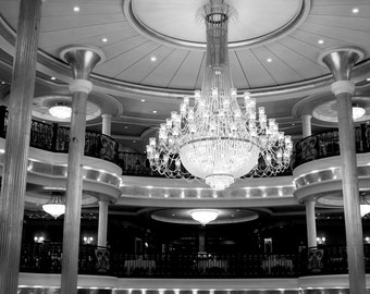 Travel Photography - Rhapsody Chandelier, 8x12 Fine Art Print - Romantic, Ship, Crystal, Architecture Photography, Black and White Photo