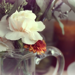 Floral Photography Carnations 8x10, Color, Flower Photography, Carnations in a Pitcher, Vintage, Shabby Chic, Soft Dreamy Photo, Buttery image 1