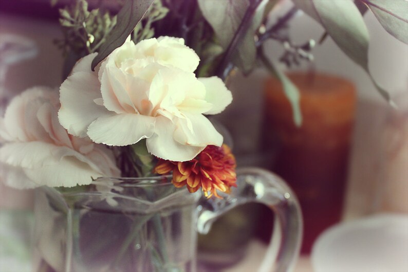 Floral Photography Carnations 8x10, Color, Flower Photography, Carnations in a Pitcher, Vintage, Shabby Chic, Soft Dreamy Photo, Buttery image 1